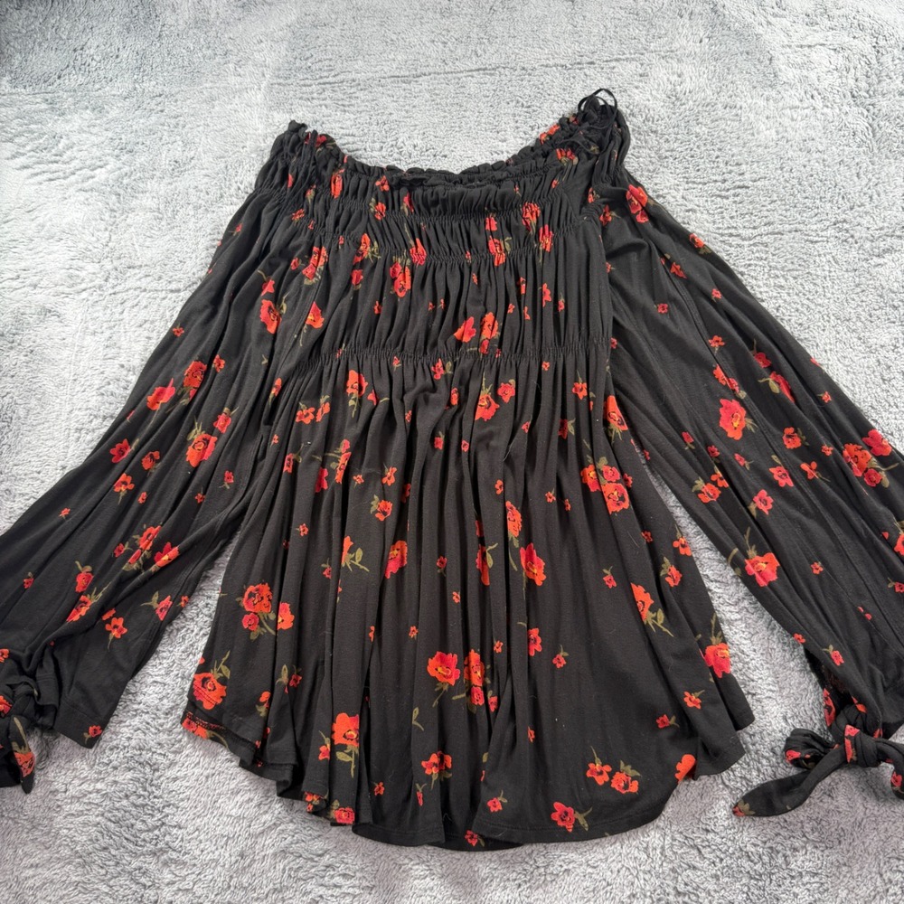 Free People Women Black Red Floral Smocked Off Shoulder Tunic Top Dress Size M